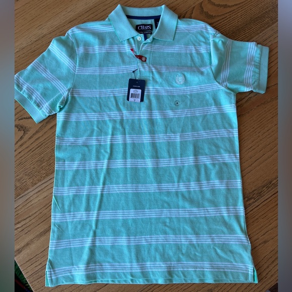 Chaps Natural Stretch Men's Short Sleeve Polo Shirt Green Striped Size Small - Picture 2 of 4